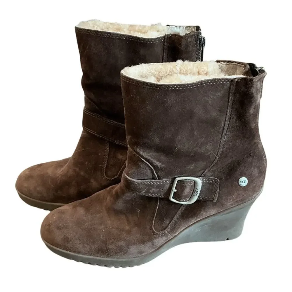 UGG Gissella Suede Wedge Ankle Boot US 9 EU‎ 40 Brown Sheepskin Shearling Lining